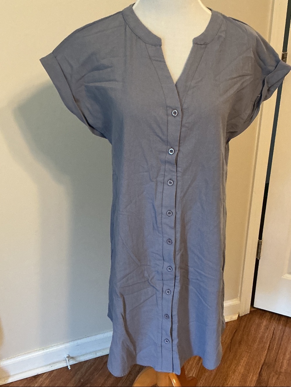 Casual Slate Blue Button-Down Women's Dress